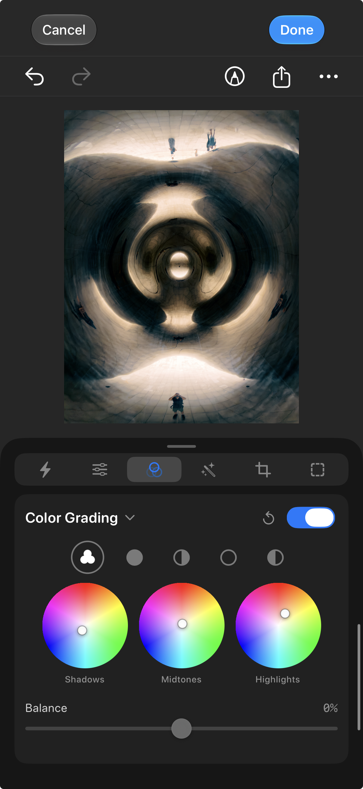 Remjet photo editor with shadows, midtones, and highlights color wheels