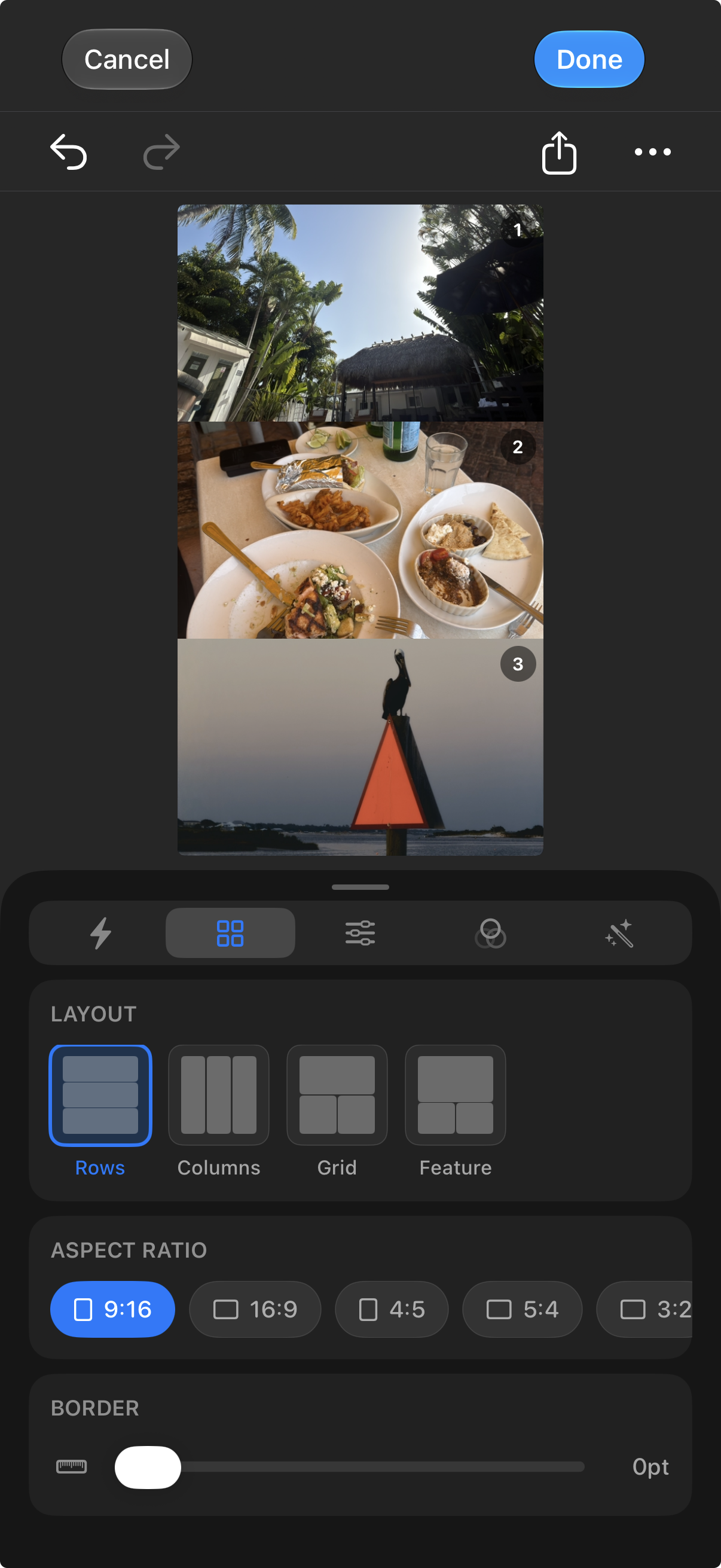 Three-photo collage with row layout and aspect-ratio controls