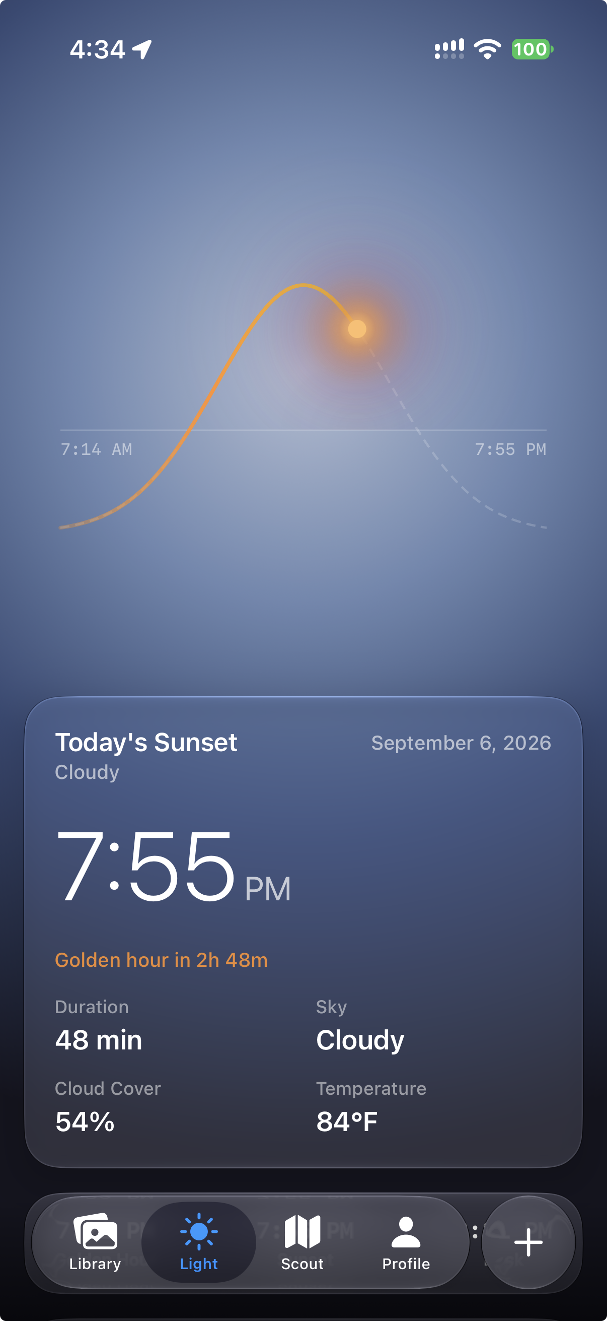 Light sun path with sunset time and golden-hour information