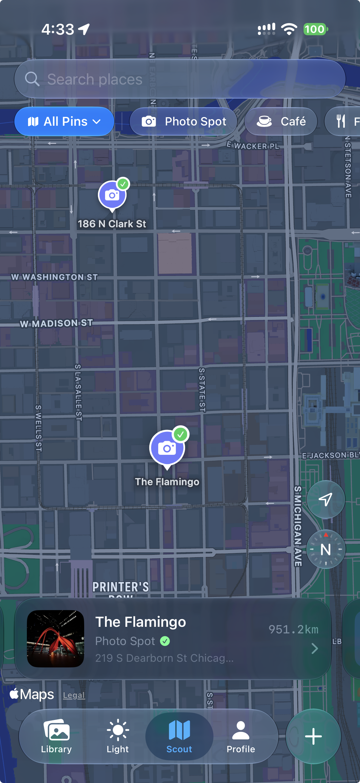 Remjet Scout map showing saved photography locations in Chicago