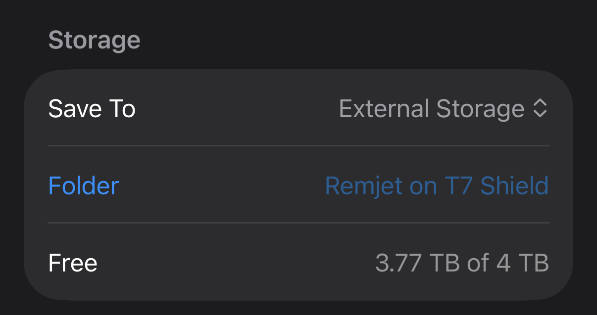 Remjet Storage settings with Save To set to External Storage, the folder Remjet on T7 Shield, and 3.77 TB free of 4 TB