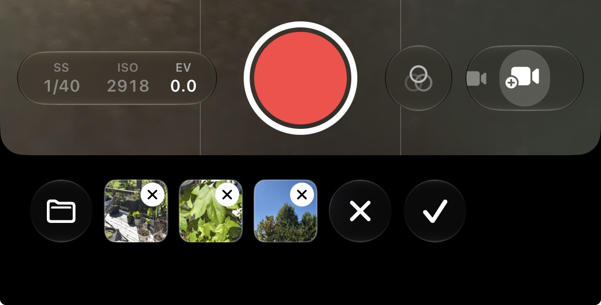 Video Project capture controls with three recorded takes and controls to discard or finish the project