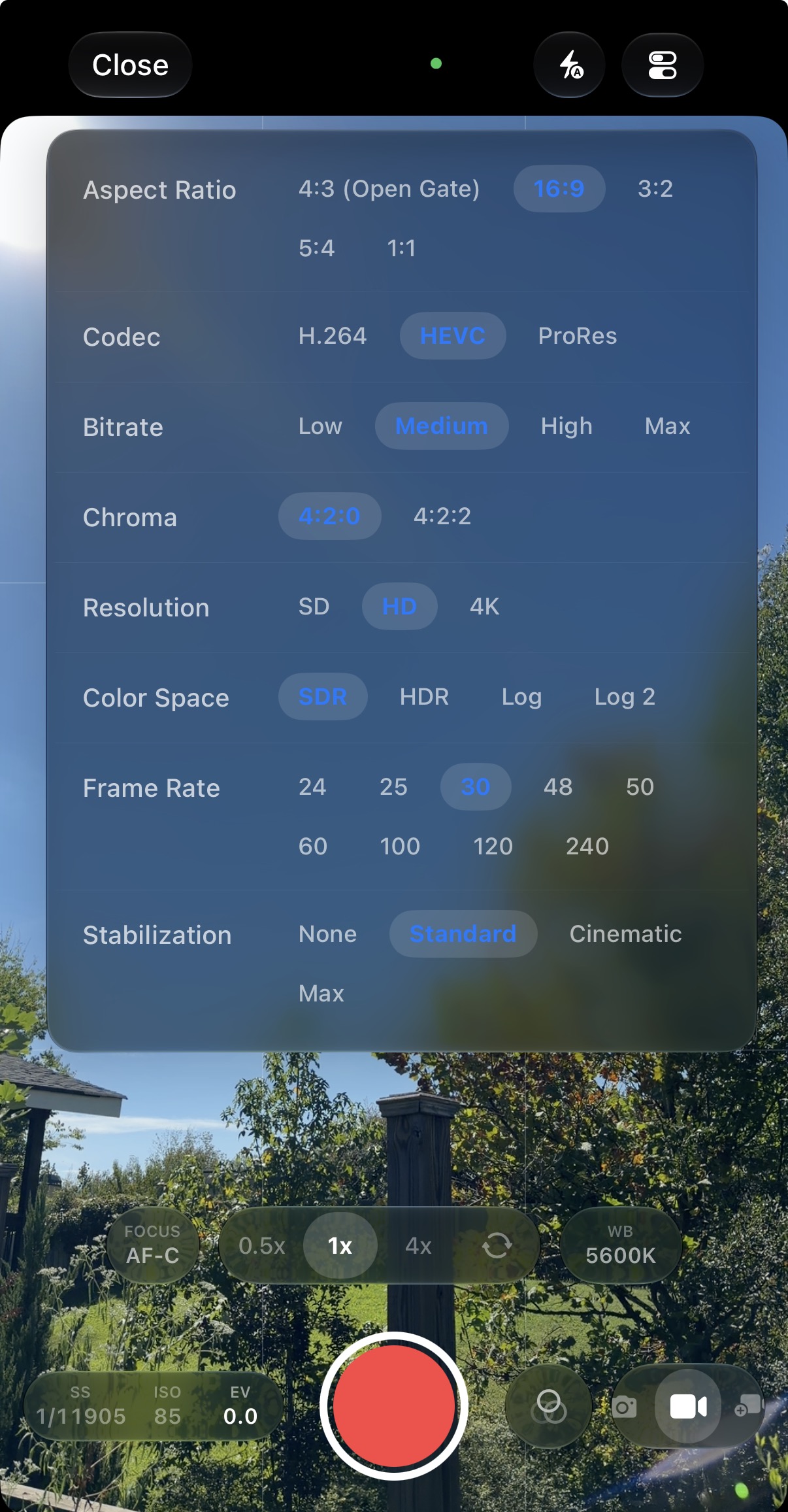 Remjet’s recording settings: 4:3 Open Gate is available alongside 16:9, currently selected, with codec, resolution, color space, frame rate, and stabilization options